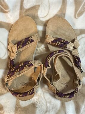 Teva Women's Tan Suede Sandals with Purple and Yellow Straps